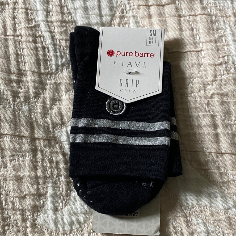 Pure Barre Grip Crew Socks - Black with Silver Stripes